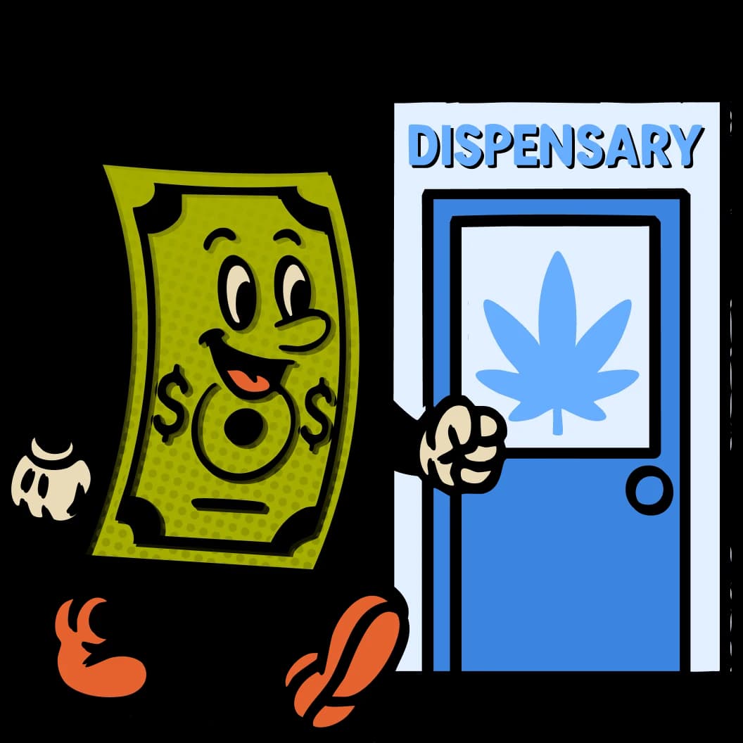 animated dollar walking into a dispensary