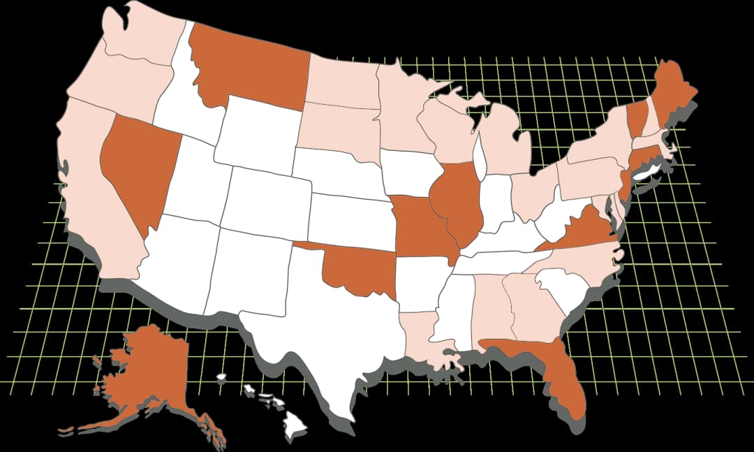 illustration of USA with multiple areas filled in