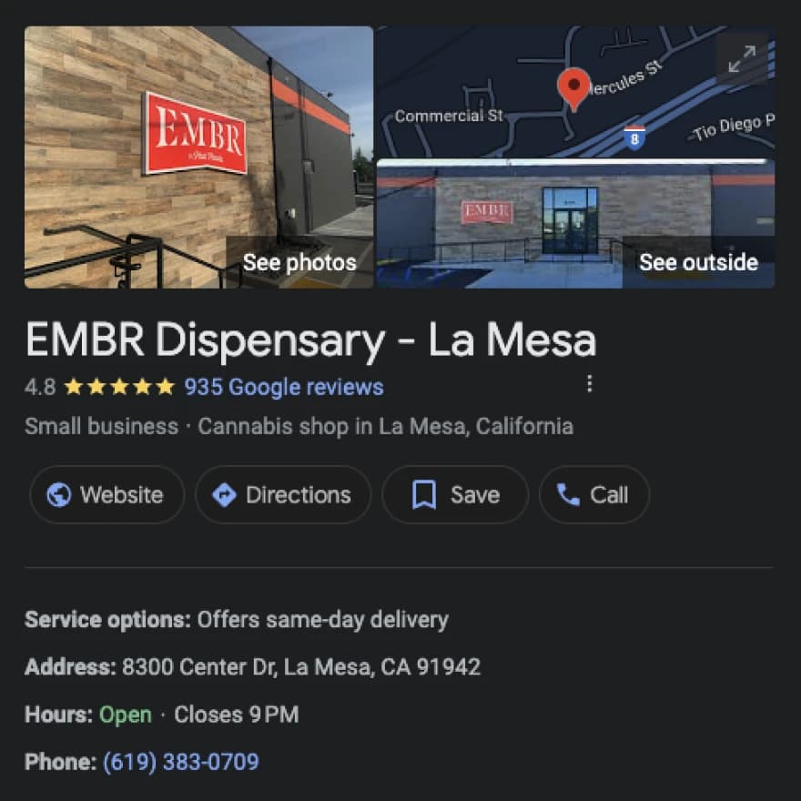 Google My Business listing of EMBR Dispensary in La Mesa showing high ratings and essential business information.