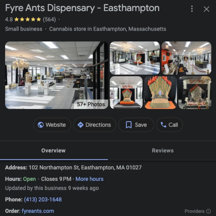 Snippet of a map showing directions to Fyre Ants dispensary in Easthampton.