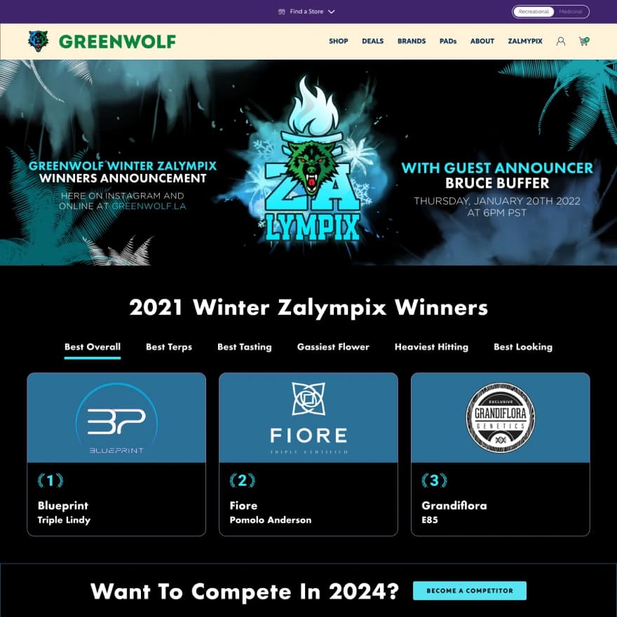 The '2021 Winter Zalympix Winners' section on the site, displaying winners in categories like Best Overall, and Best Terps.