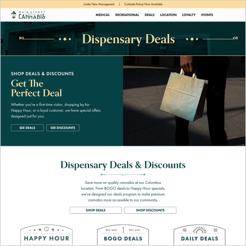 Cannabis website dispensary deals page design